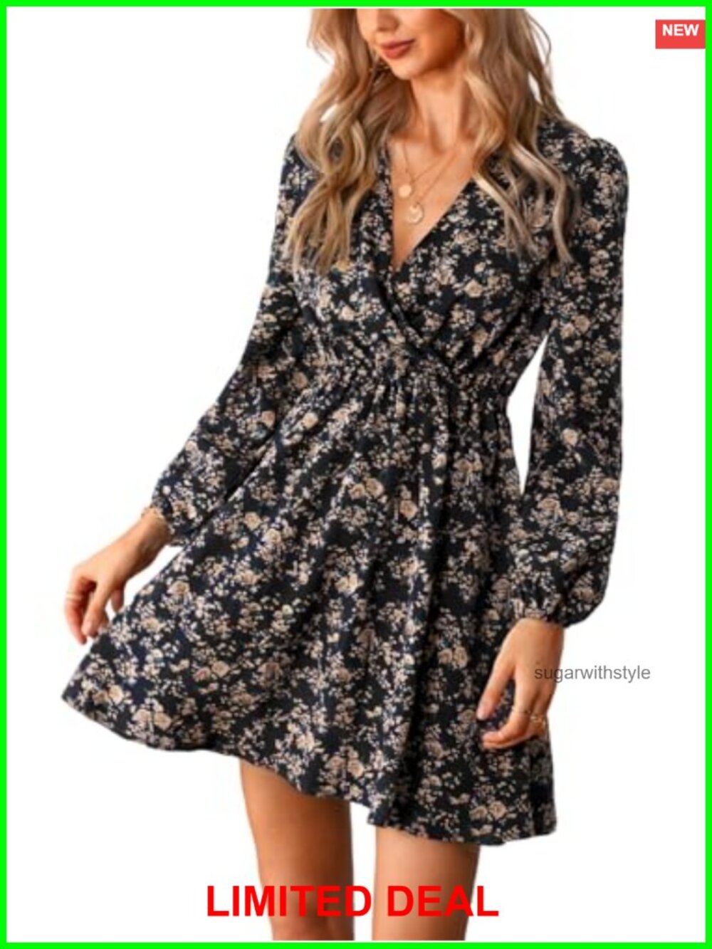 CUPSHE Floral Mini Dress Long Peasant Sleeve Elastic Waist A-Line